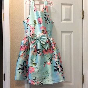 Floral satin dress with large front bow